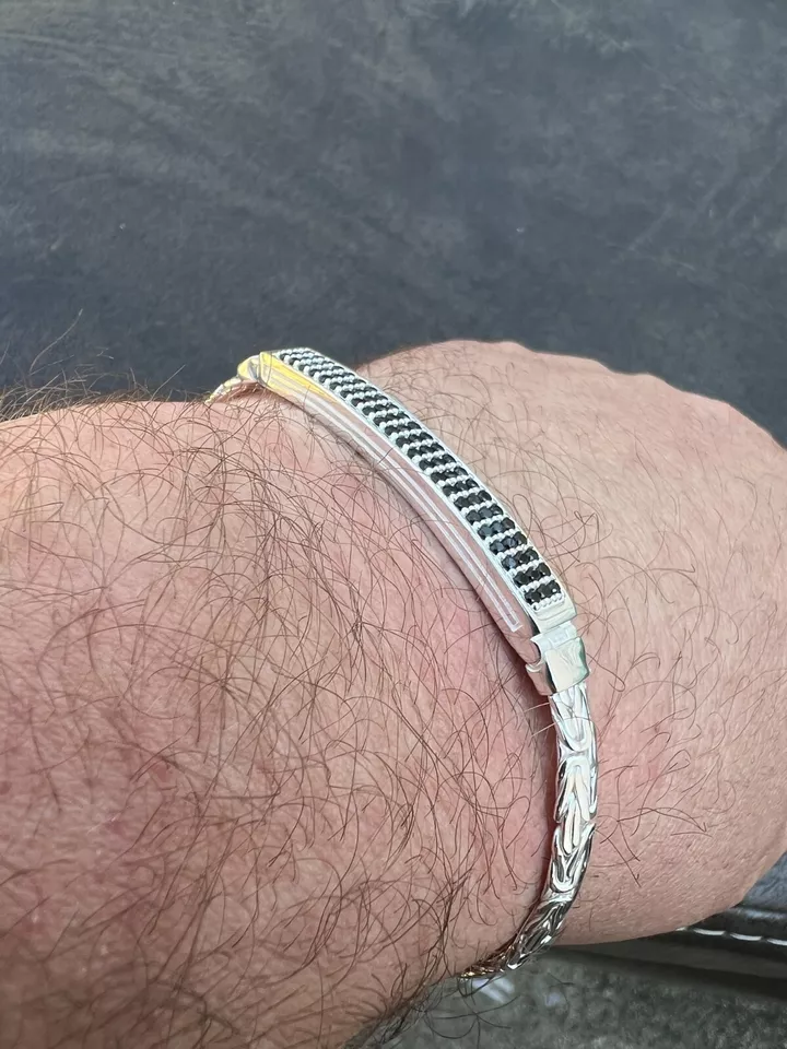 Men Byzantine Presidential ID Bracelet Real 925 Silver Ice Black CZ HipHop - Image 4 of 4