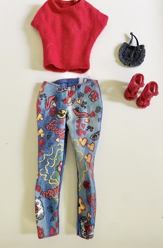 Barbie Red Top Shirt & Print Jeans Pants Red Shoes & Jean Purse Outfit