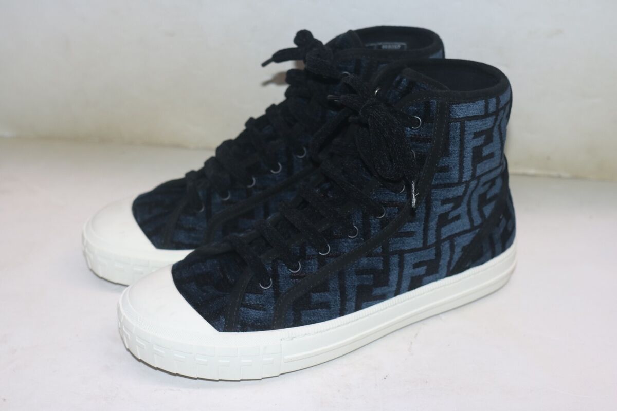 FENDI Domino FF Jacquard Fabric Blue High Top Sneakers Size FENDI Domino FF Jacquard Fabric Blue High Top Sneakers Size