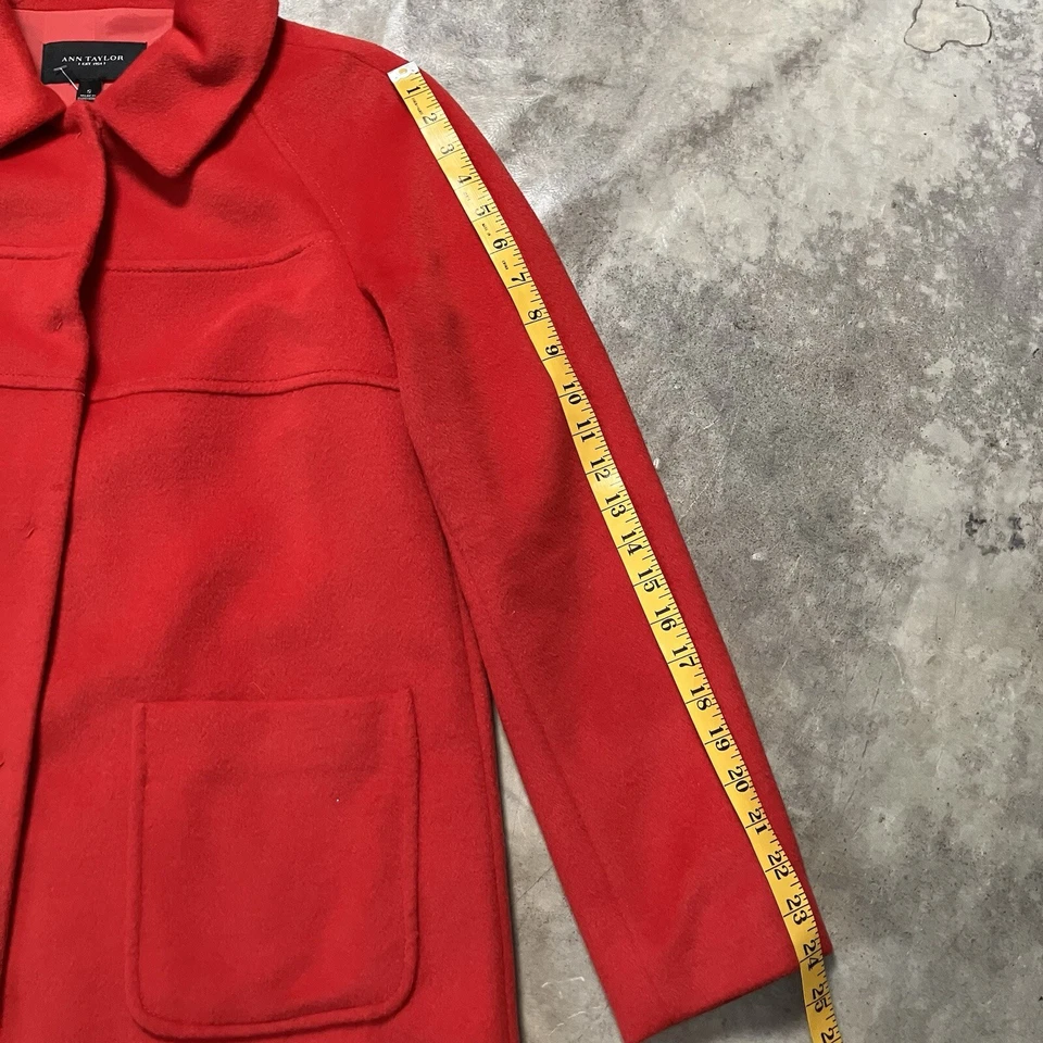 Abrigo Ann Taylor Mujer Pequeño Rojo Cuello Largo Medio Mezcla Lana Parche Bolsillos Foto 2 de 4