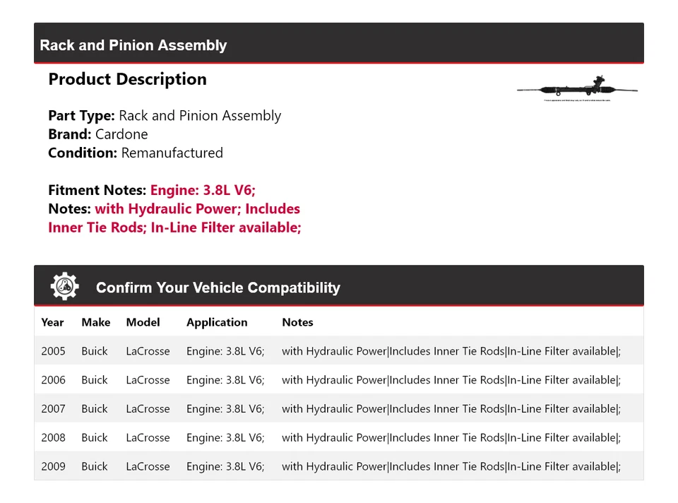 Para Buick LaCrosse 2005-2009 3,8 L V6 montaje en bastidor y piñón cardone 2006 2007 Foto 2 de 4