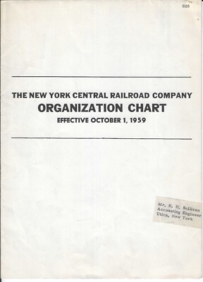 N.Y.C.R.R. Organization Chart, 1959, listing by name all principal officers