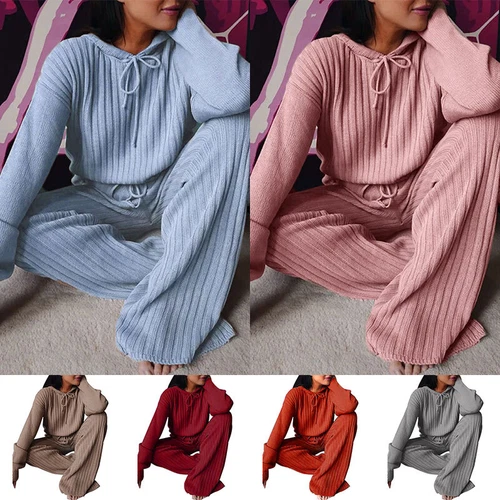 Outfits zweiteiliges Set Freizeitanzug Damenanzug Strickpyjama süß einfarbig mit Kapuze - Bild 2 von 22