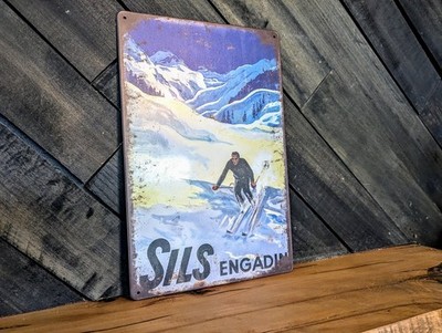 Sils Engadin Ski Sign - Vintage Swiss Alps Winter Sport Decor - 8 x 12 in