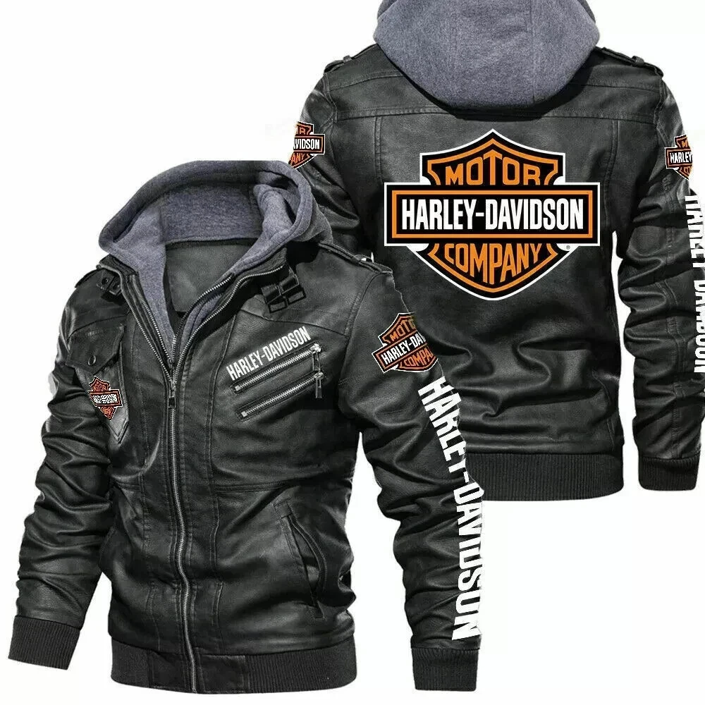 Men's Harley Davidson Motorcycle Faux Leather Biker Jacket with Removable Hood