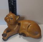 Vintage MCM Brown Carved Wood Lying Cat, Decorative  Wooden Cat  Shelf Hugger — photo 1
