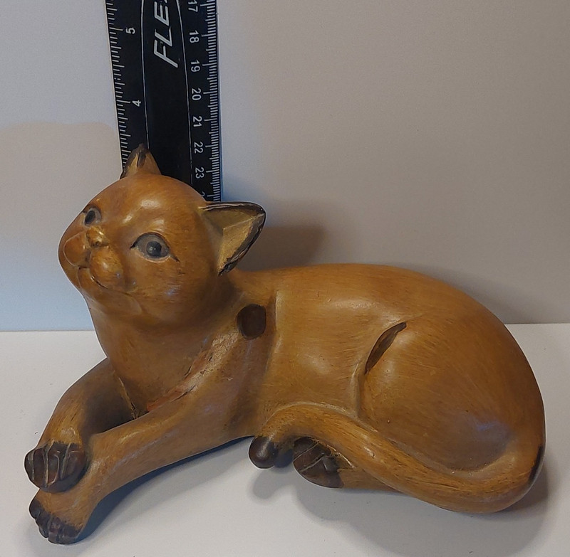 Vintage MCM Brown Carved Wood Lying Cat, Decorative  Wooden Cat  Shelf Hugger