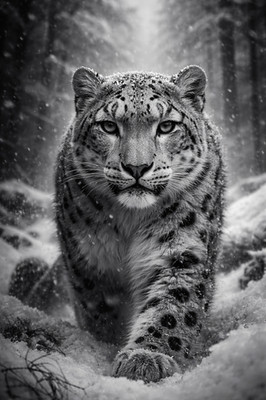Schneeleopard Winter Portrait schwarz-weiß Poster Druck gerahmt Leinwand Wandbild