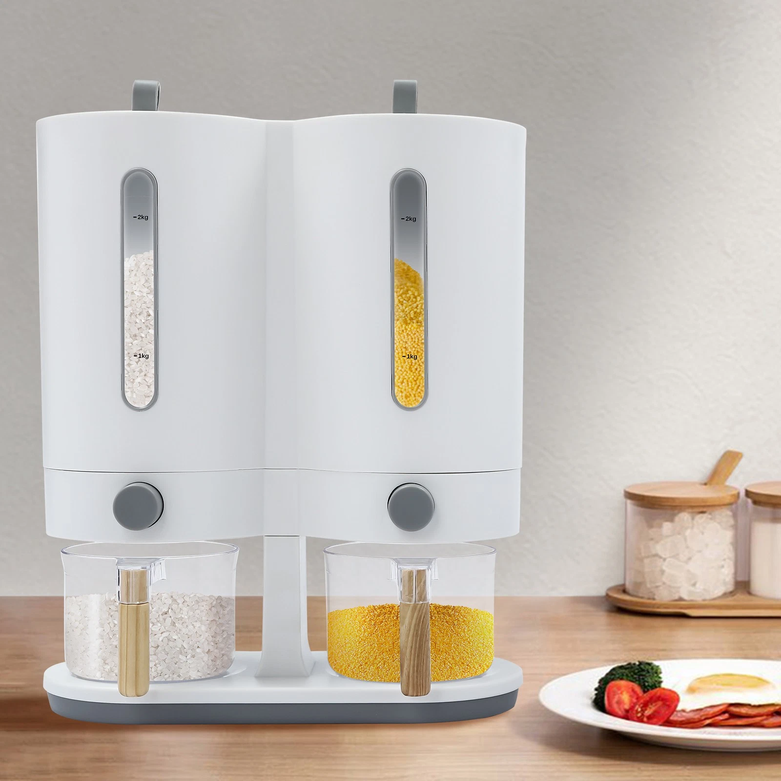 Dual Rice Dispenser Large Capacity Dry Food Dispenser with2 Measuring Cups