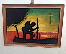 Black Velvet Painting Praying Militaria War Era Soldier Religious Vintage 19x14"