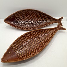 Gustavsberg Stig Lindberg Porcelain Fish Dishes Pair Brown Vintage 1960s Swedish