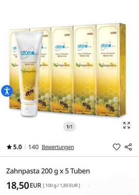 ATOMY Zahnpasta mit Propolis Extrakt Xylit Grüntee Extrakt  200 g x 5 Tuben