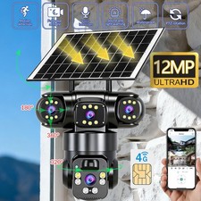 Solar Powered 4K 4G LTE PTZ Security Camera With SIM Card Outdoor 3Lens Pan 12MP