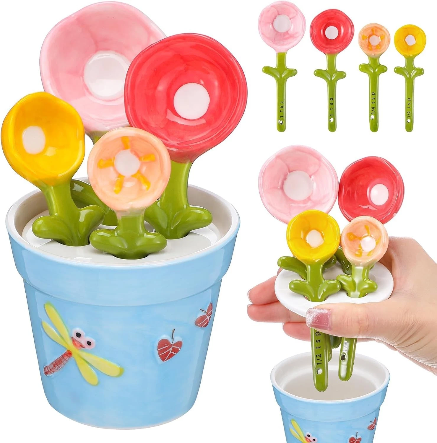 Flower Measuring Spoons Set in Pot - Ceramic Baking Measuring Spoons with Holde
Opens in a new windo