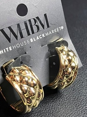 B5069 WHBM Puffed Quilted Gold Tone Hoop Earrings Wide Chunky Post Back