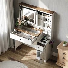Farmhouse Vanity Table with Hidden Jewelry Storage Built-In Outlets & USB Ports