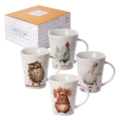  Mug Sets 4 Coffee Tea Mugs Cups Ceramic Squirrel Owl Hen Goose Chicken Gift