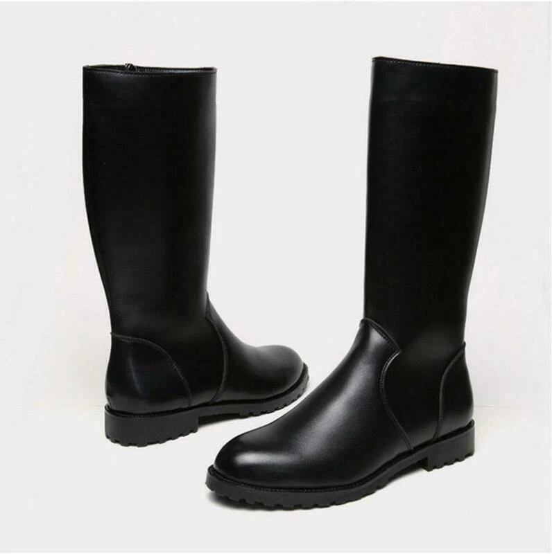Men's Black Leather Knee-High Riding Boots with Side Zipper - Round Toe Combat Style
