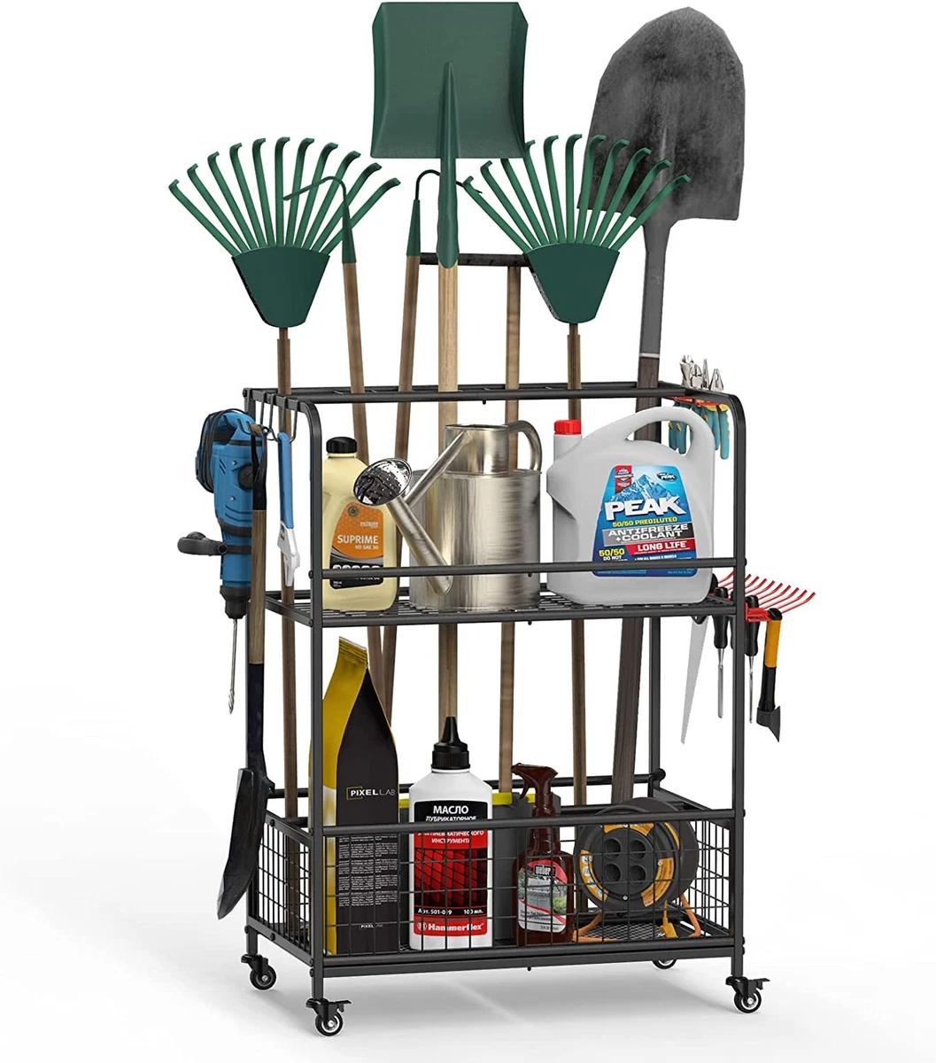 Garden Tool Storage Organizer with Wheels, Yard Tool Stand Holder