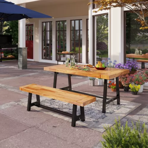 2 Pcs Outdoor Table Bench Set Wooden Patio Dining Tables Chair Garden Furniture