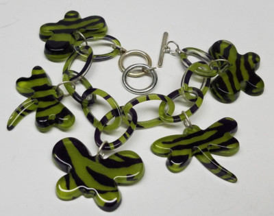 BUTTERFLY DRAGONFLY Charm Bracelet Green Black Fashion w/ Toggle Lock Lady Girls