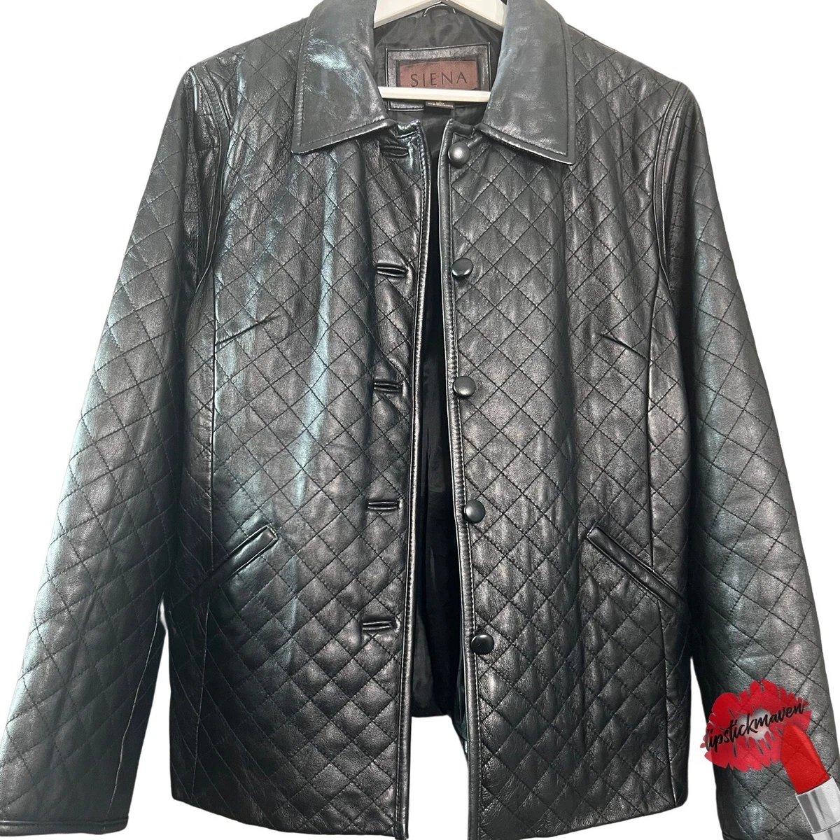 Women s Black Leather Quilted Jacket Coat Size 14 Siena Studio