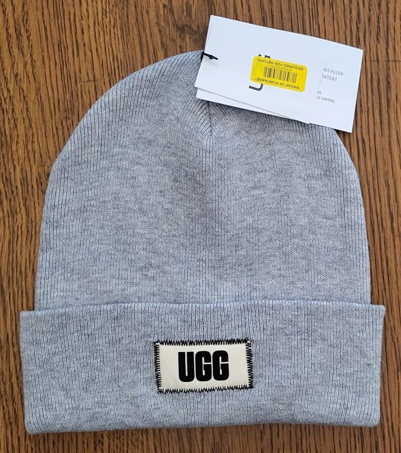 UGG Knit High Crown Men's or Women's Grey Beanie, Cuffed w/ Logo Patch, OS
