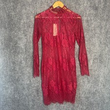 Dark Pink Dress Womens S Red Lace Bodycon Sheer Valentines Romantic Whimisigoth