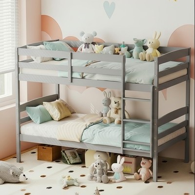 Bunk Bed Twin Over Twin, Bed Frame w/Full-Length Guardrail & Integrated Ladde...