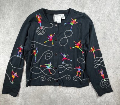 Michael Simon Lite Vintage Ice Skater Embroidered Cardigan Sweater L