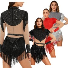 Lady Samba Latin Dance Leotard Long Sleeve Fringe Shiny Bodysuit Rumba Dancewear
