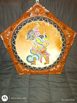 Handcrafted Indonesian Leather Shadow Puppet Wall Hanging w/ Carved Wood Frame