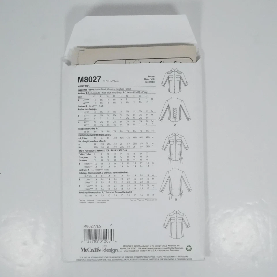 McCalls 8027 Misses Top Pattern Size 14-22 Uncut Roll Up Western Drawstring - Image 4 of 4