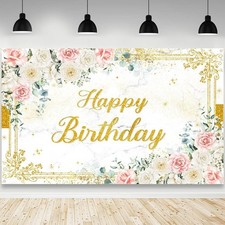 6x3.6ft Happy Birthday Backdrop for Girl Women 6x3.6ft, Gold Flower