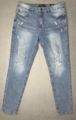 Ring Of Fire Mens 33 x 30 Light Blue Mid Rise Slim Taper Denim Distressed Jeans