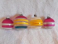 4 Vintage Aqua Blue Pink Yellow Shiny Brite Glass Unsilvered Striped Ornaments