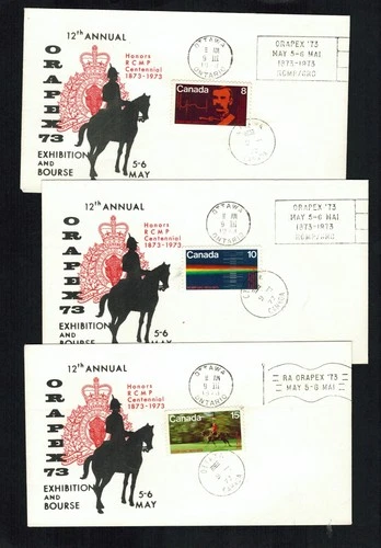 Canada #612-614, 1974 RCMP set on 3 Orapex Exhibition FDCs VF