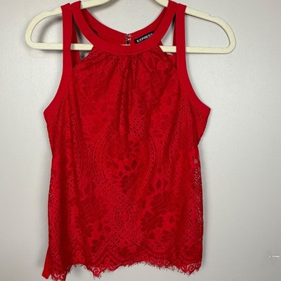 Express Womens Red Floral Lace Halter Top Sleeveless Keyhole Back Small