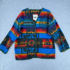 Vtg NY 10018 Fleece Cardigan Women Mediums Button Aztec Western Tribal Pockets