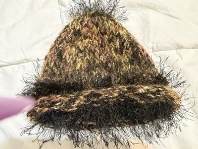 Handmade Knitted Brown Hat with Fuzzy Black Trim