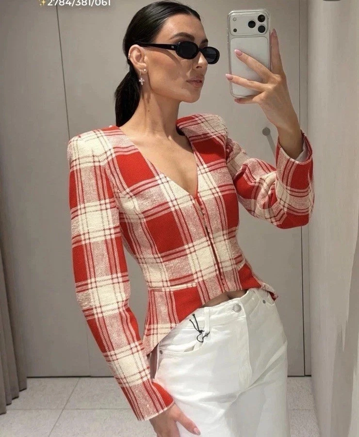 Zara Blazer Jacke Weiß Rot Kariert Fitted Peplum Damen S 2784/381 RRP £89