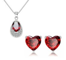 18" Silver Heart Red CZ Crystal Pendant Necklace Stud Earrings Set Gift Box C16