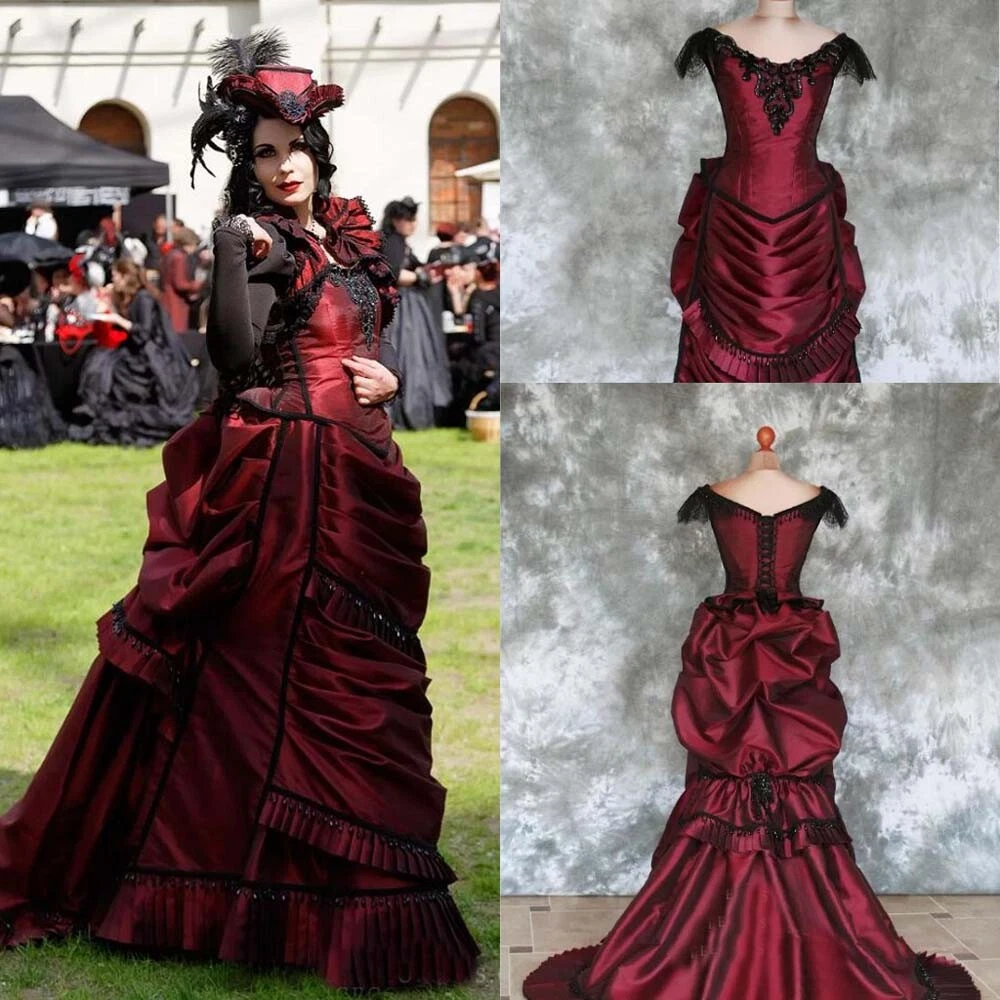 Burgundy Gothic Victorian Bustle Wedding Dresses Vintage Beaded Lace-up  Back