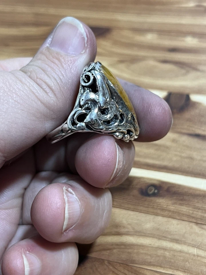 Anillo de plata esterlina 925 enorme dragón jaspe amarillo vintage para hombre talla 8,25 Foto 2 de 4