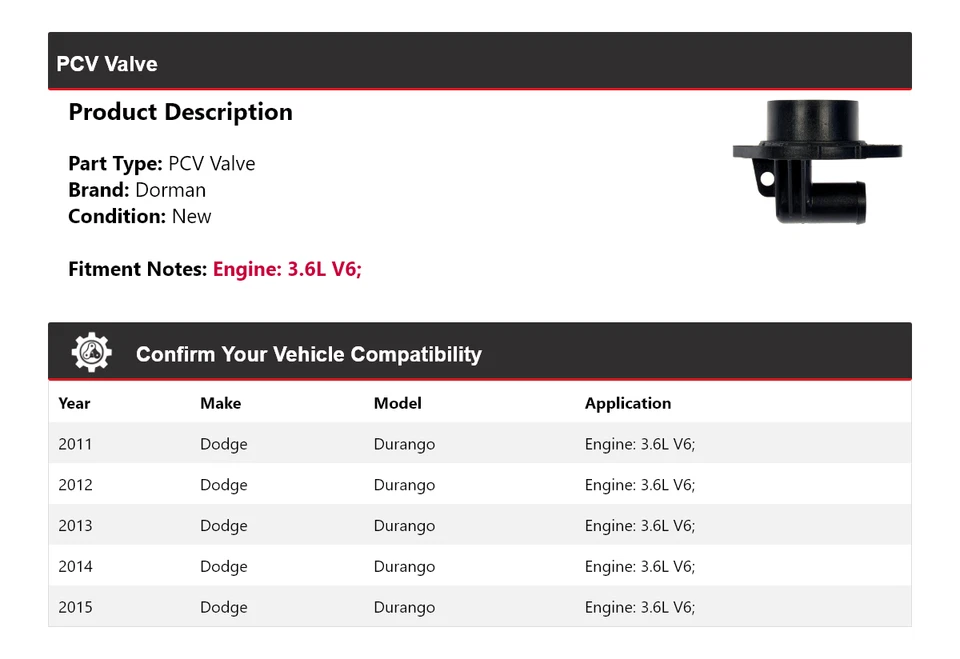 Para Dodge Durango 2011-2015 3,6 L V6 Dorman válvula PCV 2012 2013 2014 Foto 2 de 4