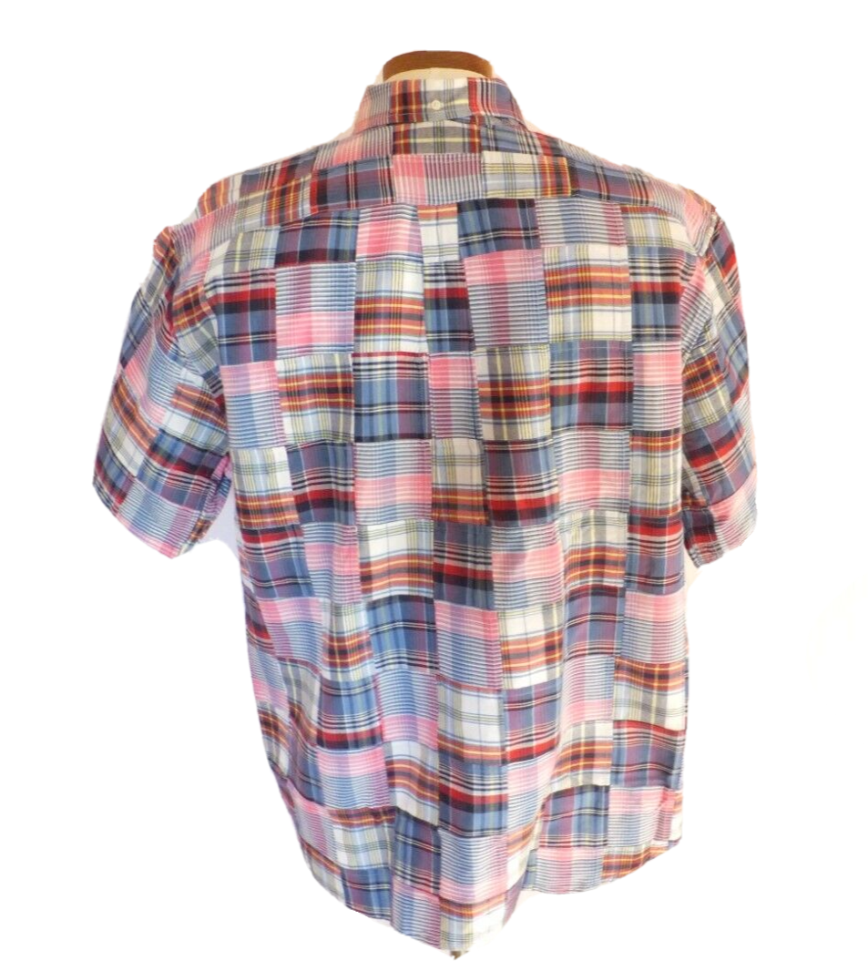 Lands End Madras Shirt XL Button Down 100 Cotton Short Sleeve Mens