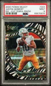 2020 Panini Select Justin Herbert RC Die-Cut Zebra Prizm Field Level #344 PSA 9