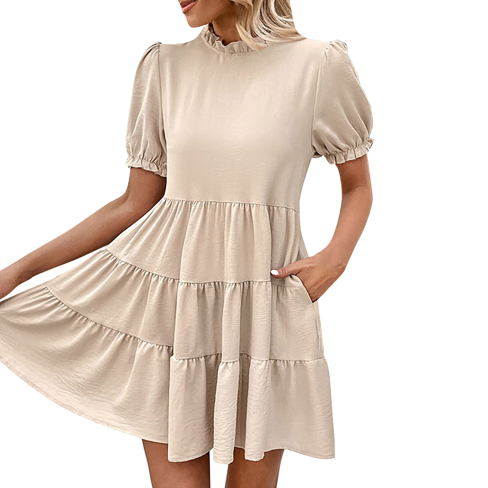 Dress For Women Casual V Neck Solid Color Short Sleeve Botton Dress