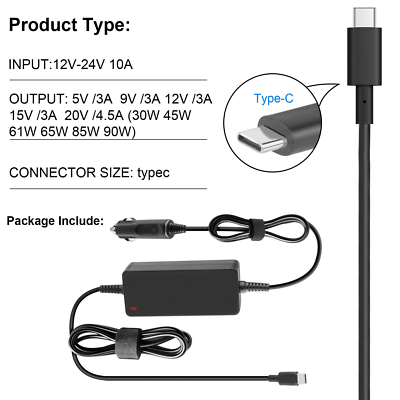 90W In-Car Cigarette USB-C Type C Laptop Adapter Charger for Dell XPS 9360  9370 | eBay