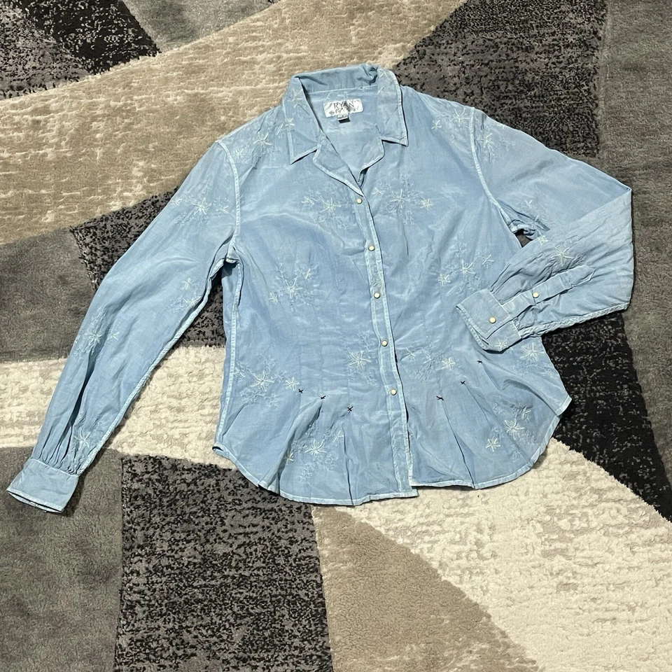 Ryan Michael Western Shirt Women Small Blue Silk Blend Embroidered Pearl Snap - Image 2 of 4
